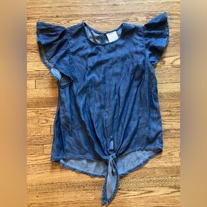 Harper Heritage Flutter Sleeve Chambray Top Tie Front Dark Blue S